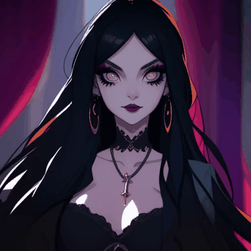 Gothic woman, long black hair, cross necklace, intense makeup, colorful background, dark fashion